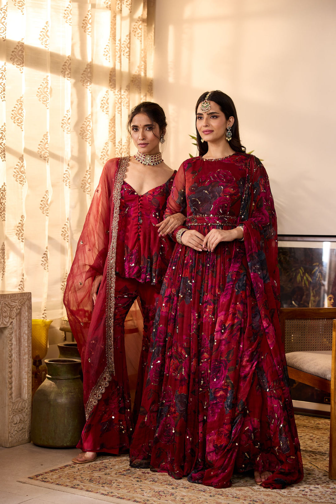 DEEP RED CHIFFON FLORAL ANARKALI