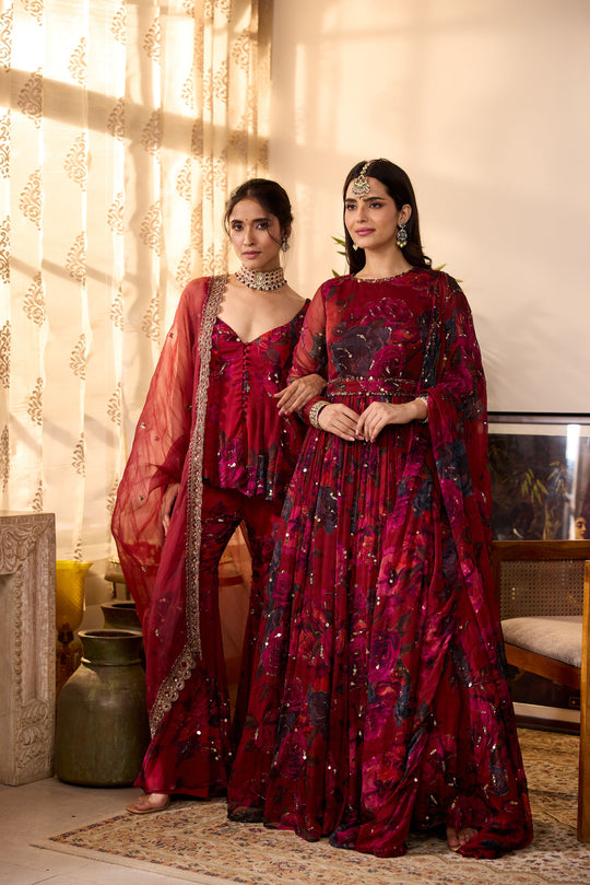 DEEP RED CHIFFON FLORAL ANARKALI