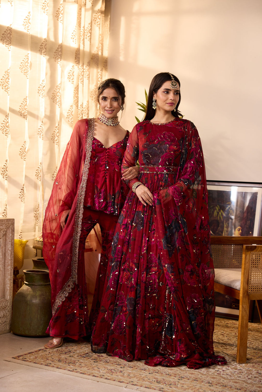 DEEP RED CHIFFON FLORAL ANARKALI