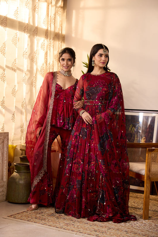 DEEP RED CHIFFON FLORAL ANARKALI