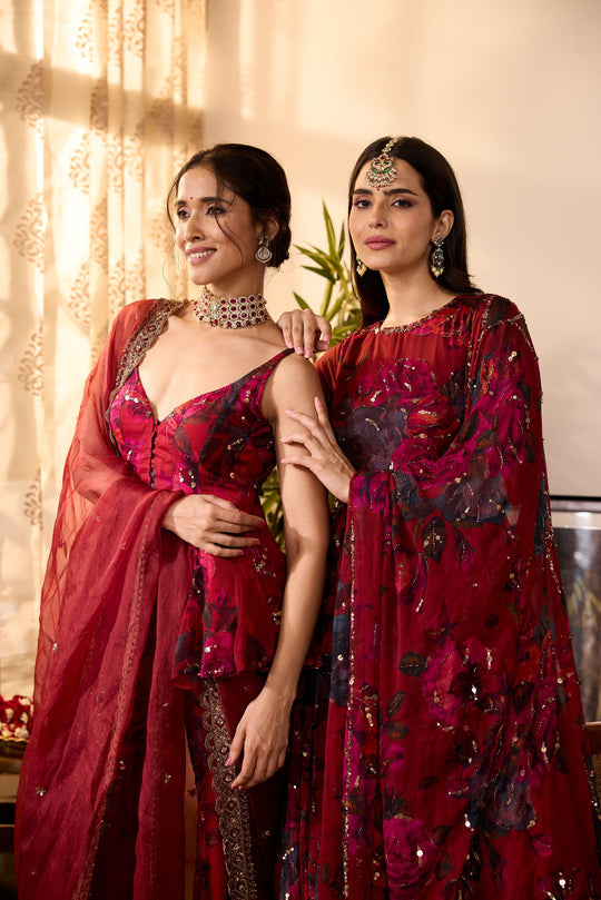 DEEP RED CHIFFON FLORAL ANARKALI