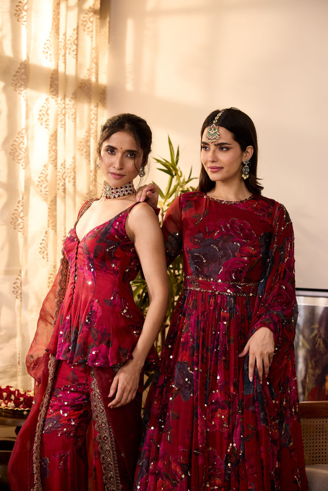 DEEP RED CHIFFON FLORAL ANARKALI