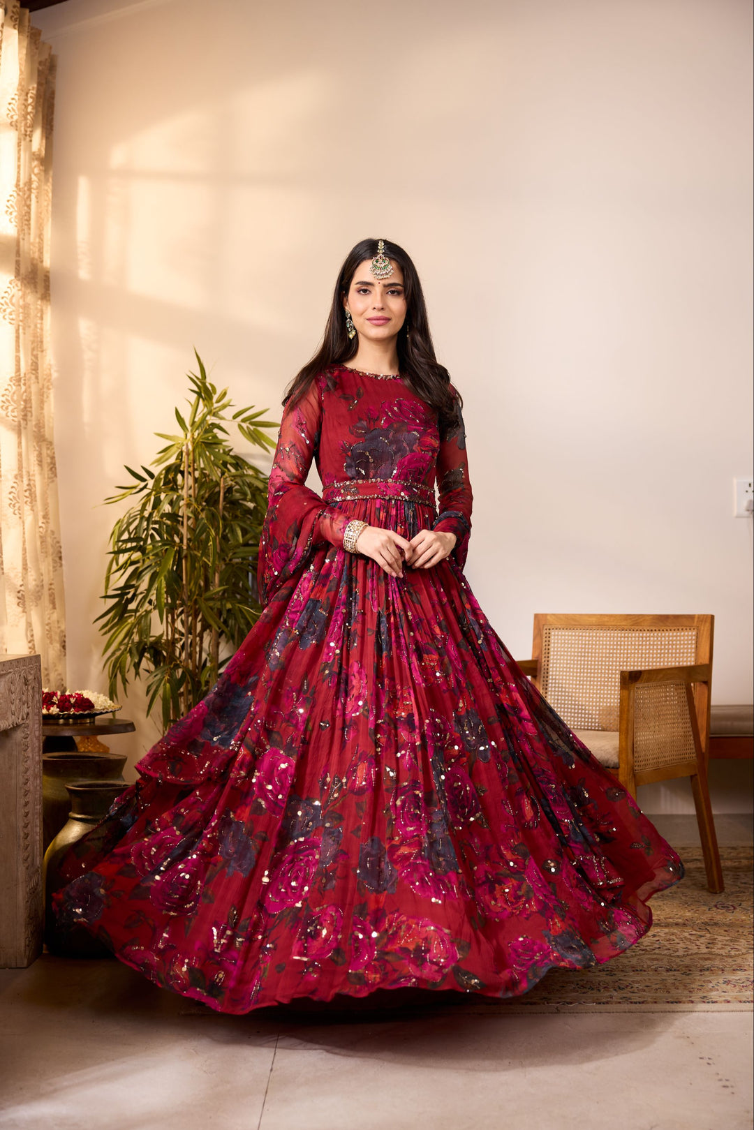 DEEP RED CHIFFON FLORAL ANARKALI