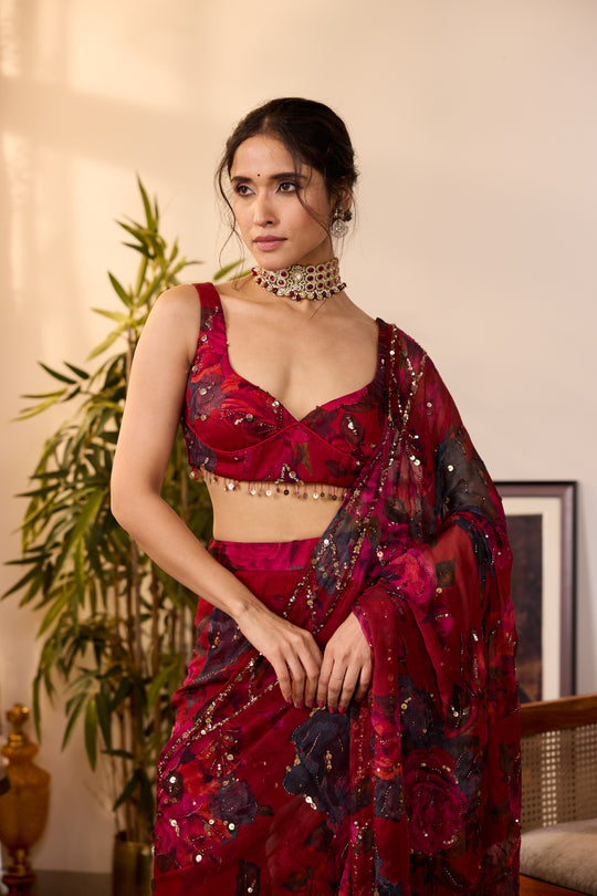 DEEP RED CHIFFON FLORAL SAREE