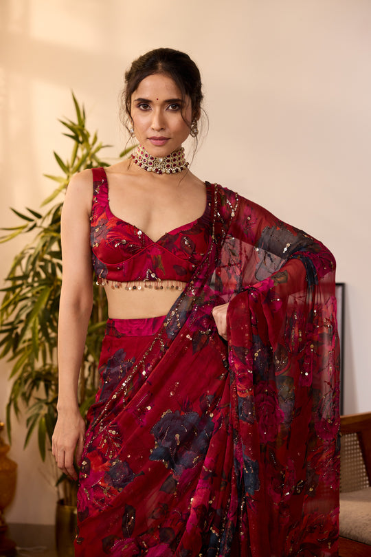 DEEP RED CHIFFON FLORAL SAREE