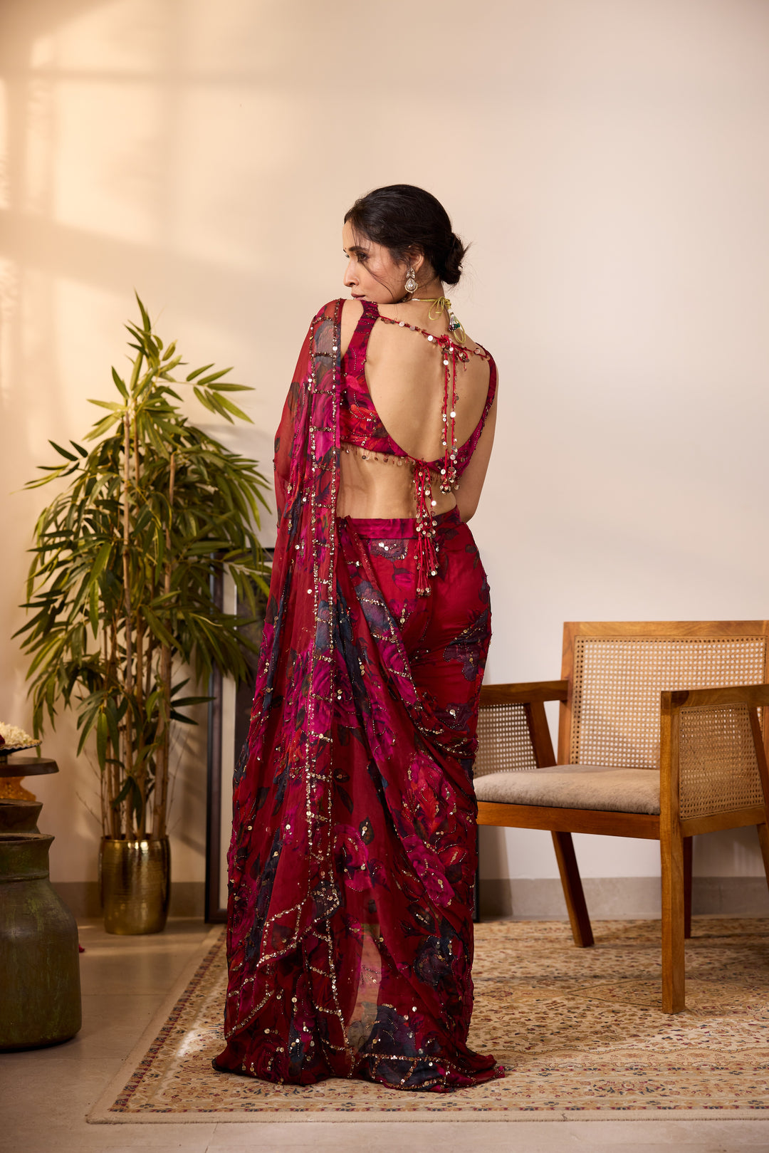 DEEP RED CHIFFON FLORAL SAREE