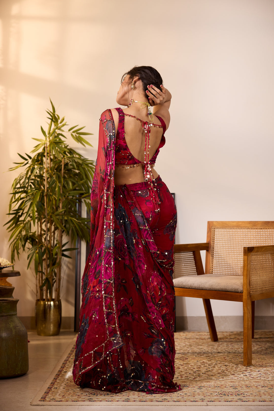DEEP RED CHIFFON FLORAL SAREE
