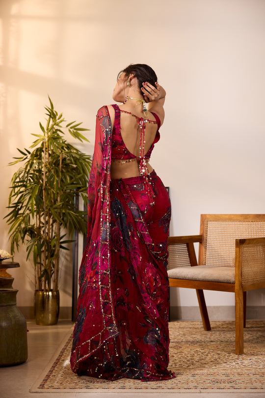 DEEP RED CHIFFON FLORAL SAREE
