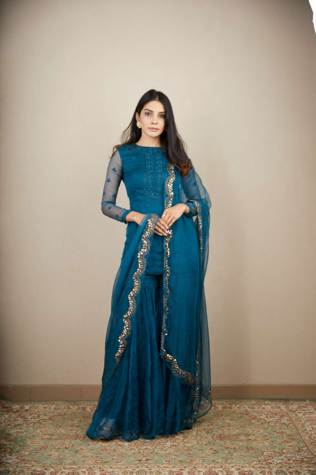 sharara dress for party wear Pink Designer Embroidered Floral Gown Sharara Set