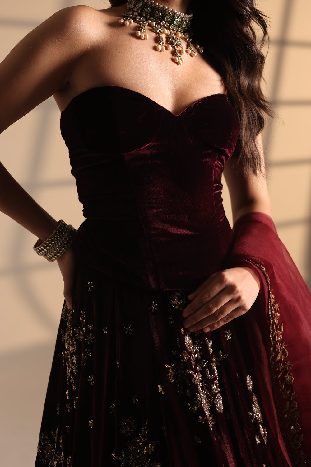 Wine Velvet Heavy Bootie Lehenga With Corset Blouse Sets