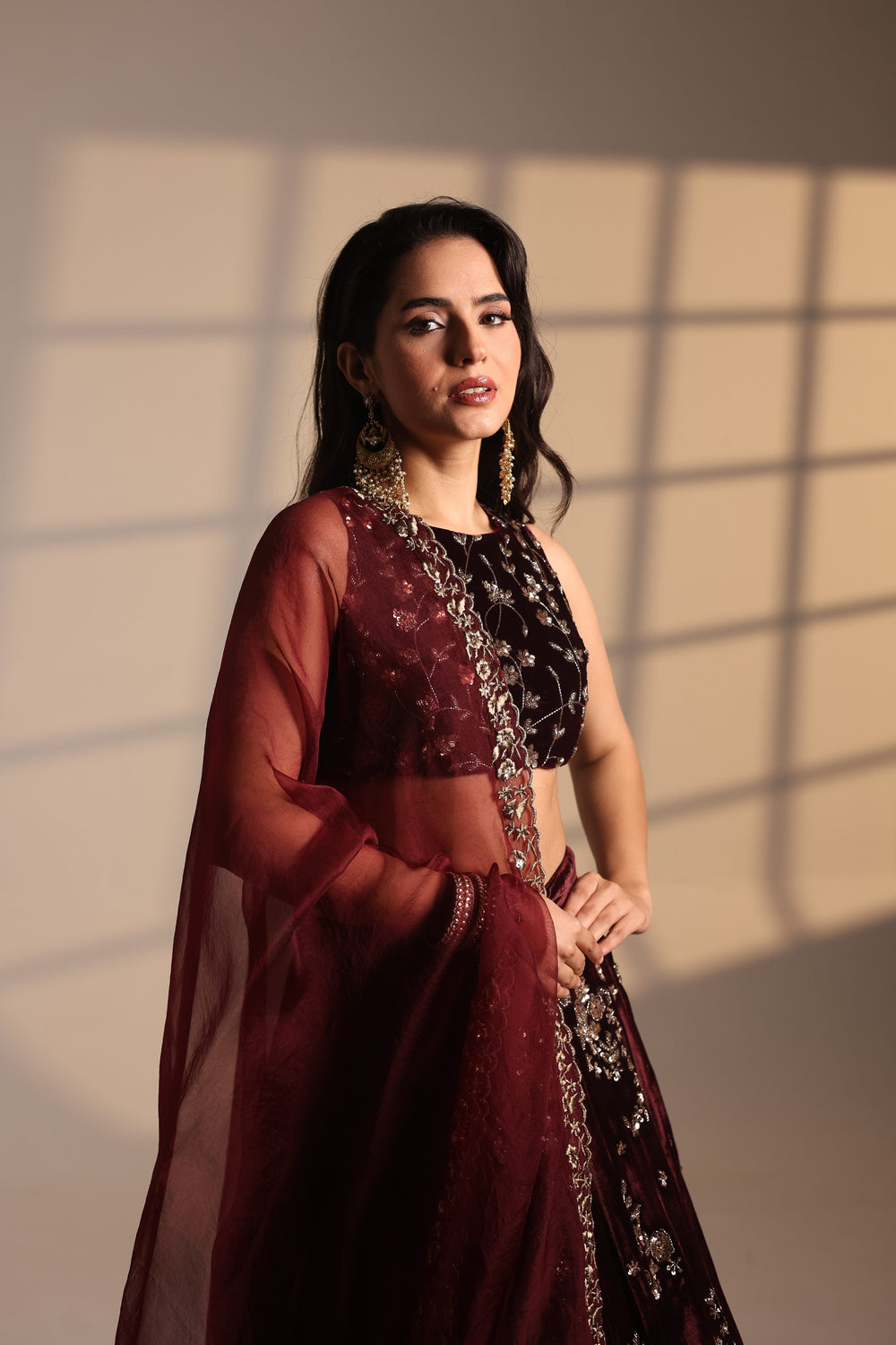 Wine With Heavy Booti Check Border Work Lehenga Set