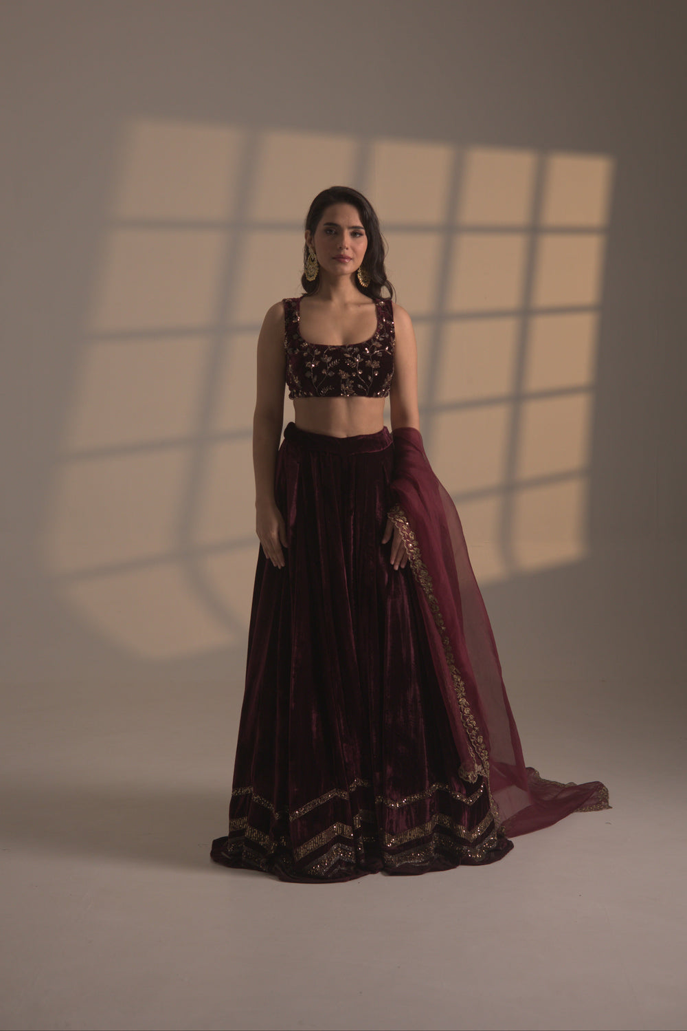 Wine Velvet Zig Zag Border Lehenga Set