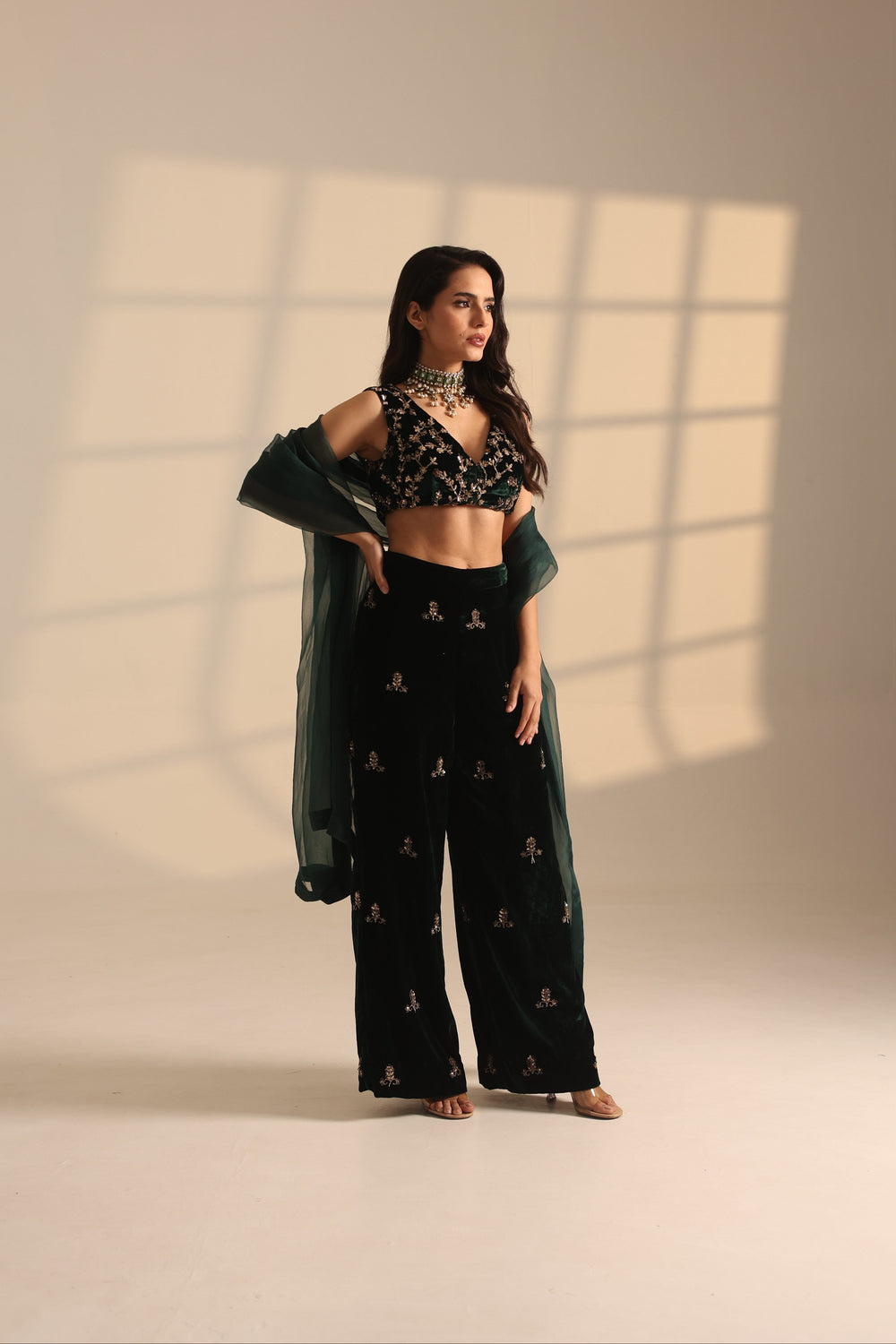 Embrelled Green Crop Top With Plazo Pant Set