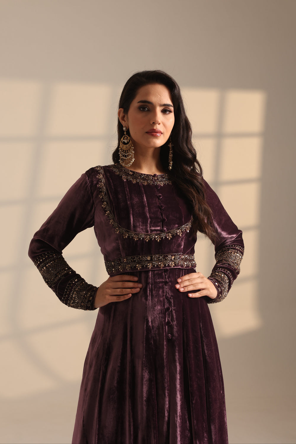 Purple Velvet Front Open A-Line Jacket And Coti With Plazo Pant Set