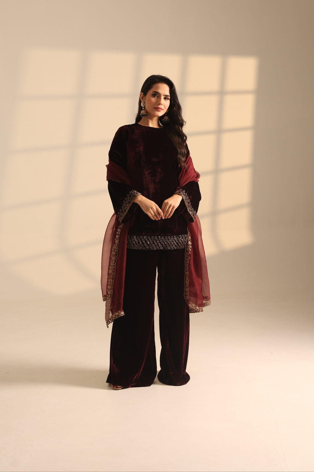Red Velvet Short Kurta And Plazo Pant Set