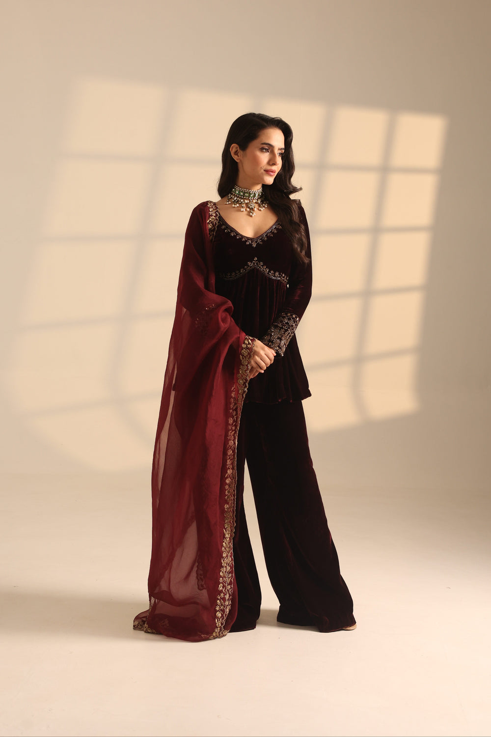 Wine Velvet Short Peplum And Plazo Pant Set