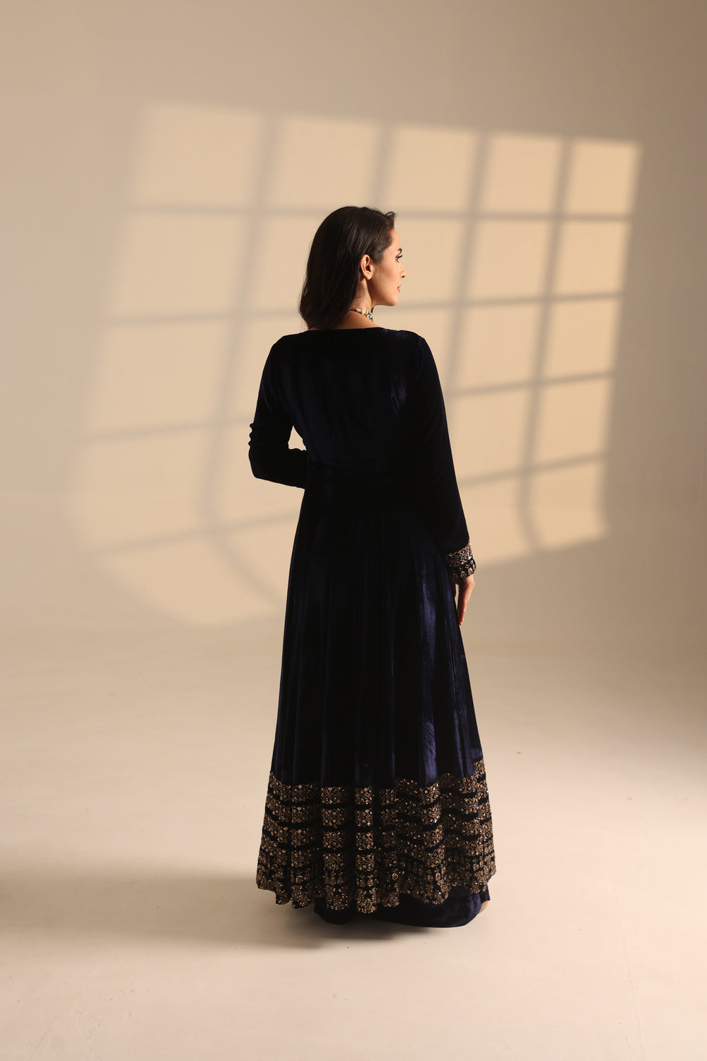 Blue Velvet A-Line Front Open Jacket Set