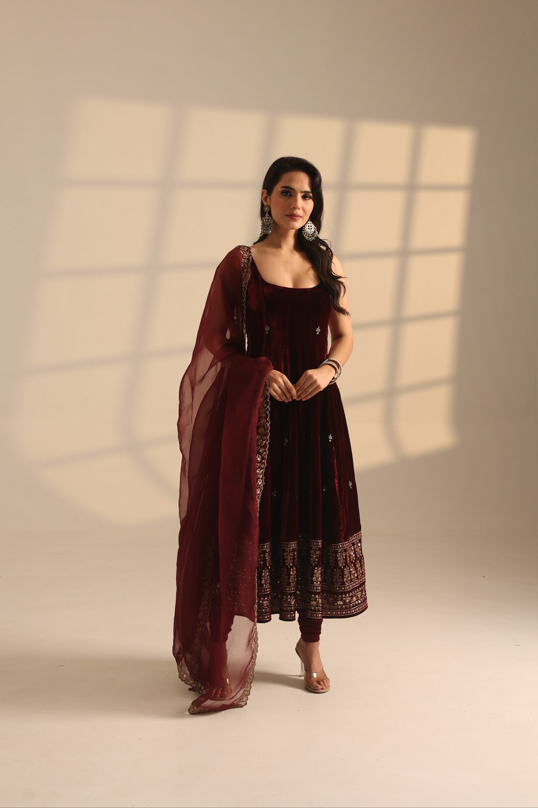 a line anarkali dress Cream A-Line Resham Embroidered Anarkali Set