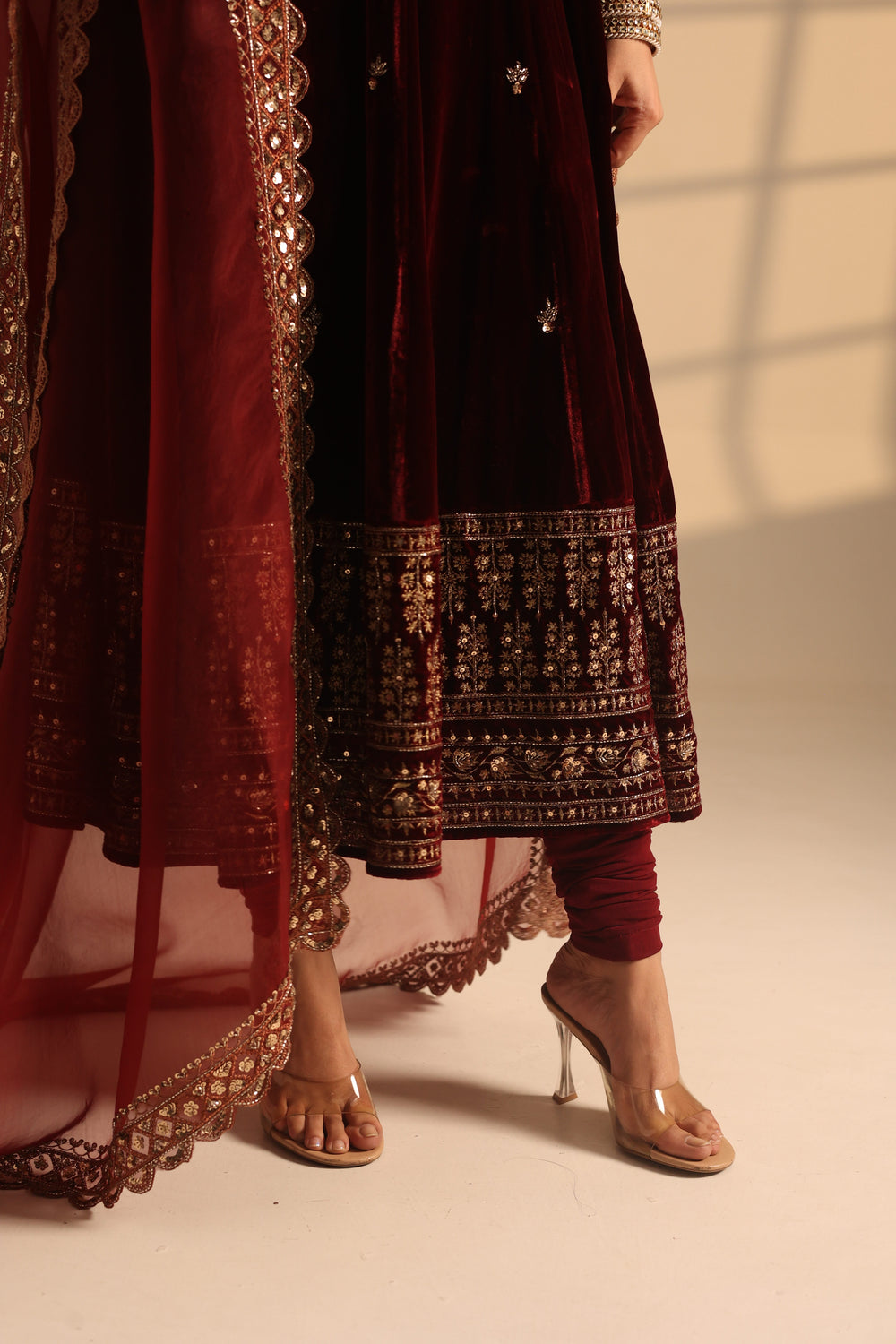 Red Velvet Border Work A-Line Anarkali Set