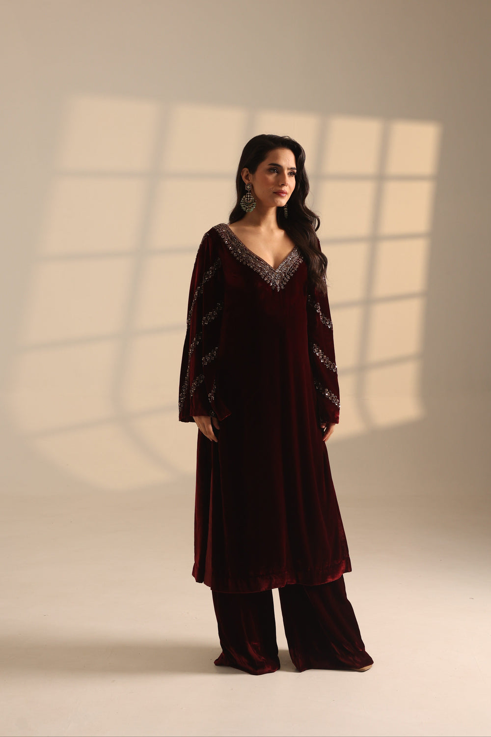 Red Velvet Straight Long Baloon Sleeve Kurti And Dupatta With Plazo Set