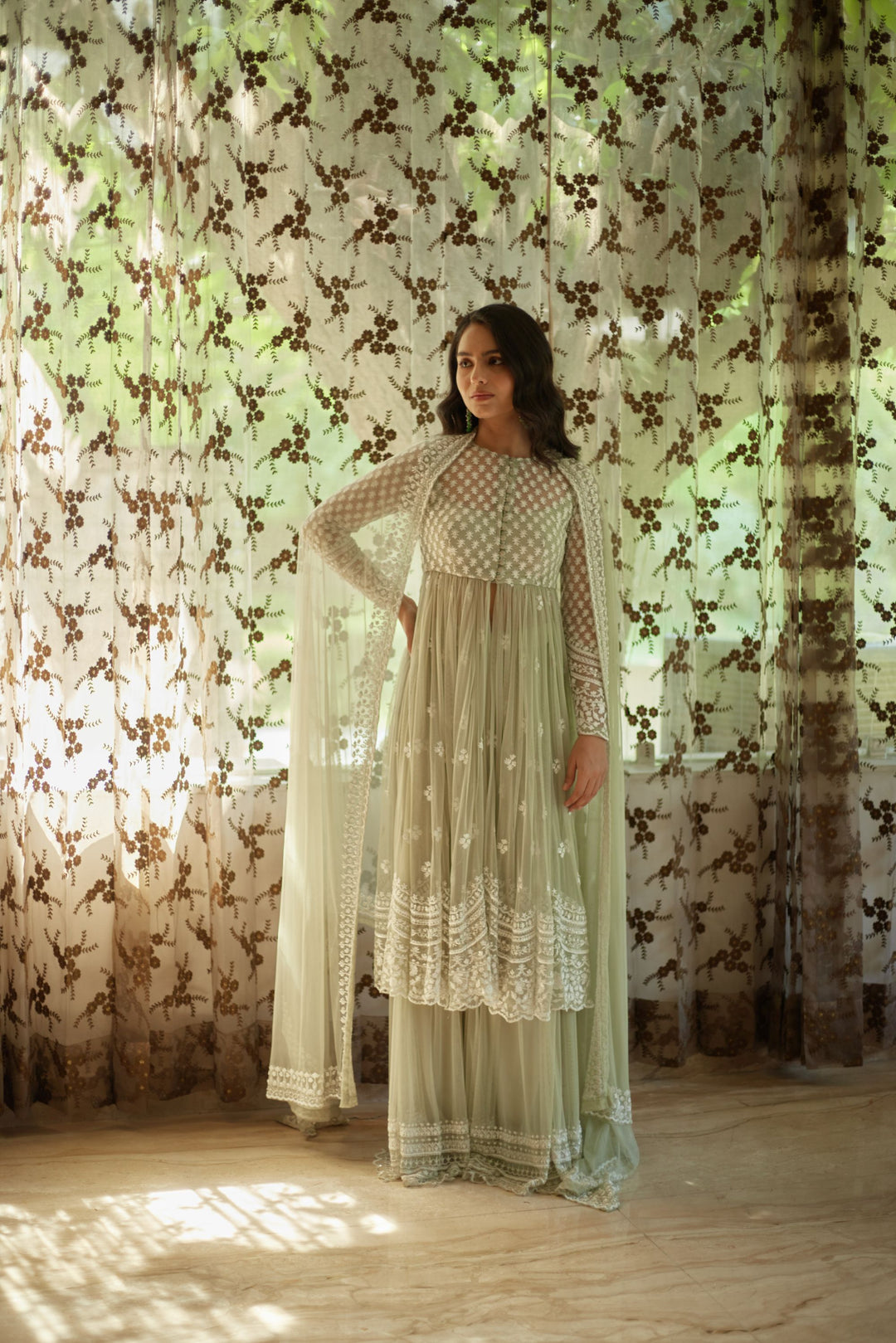 Shop Sage Green White Thread Work Jacket And Sharara Set Astha Narang Shop Sage Green White Thread Work Jacket And Sharara Set Astha Narang