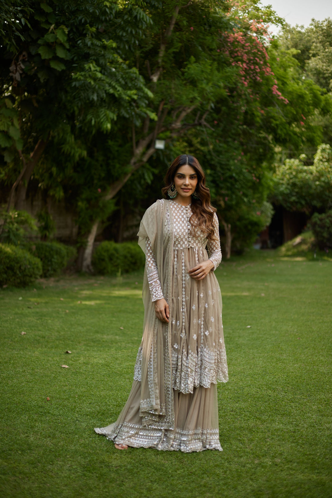 Sage Green Jacket And Sharara Set with White Thread Work Astha Narang Sage Green Jacket And Sharara Set with White Thread Work Astha Narang