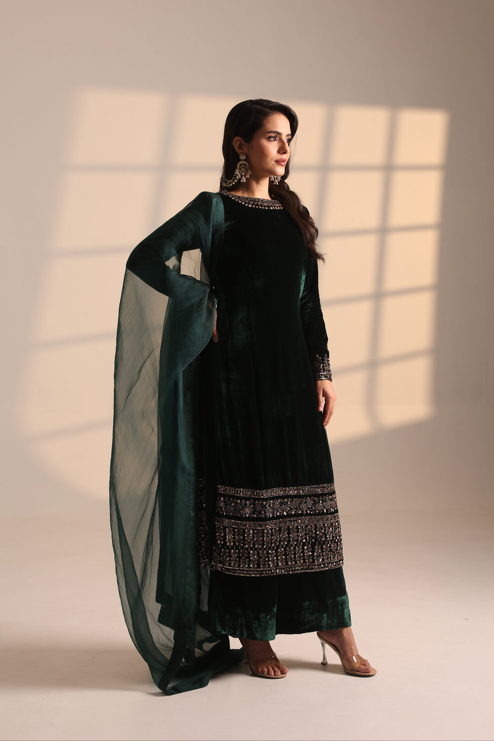 Embrelled Green Long Kurti Set