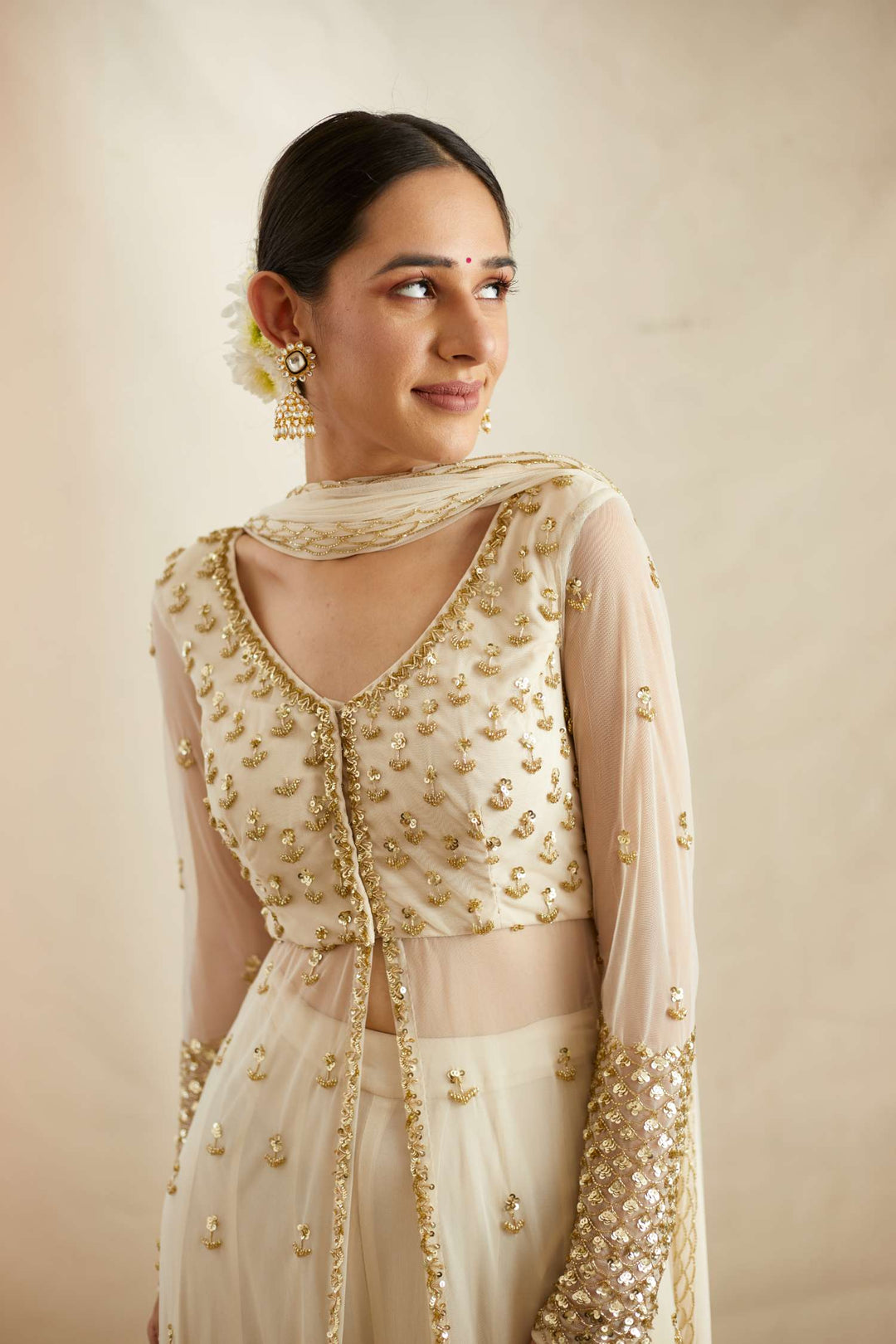 Off White Net Front Open Jacket With Sharara Set