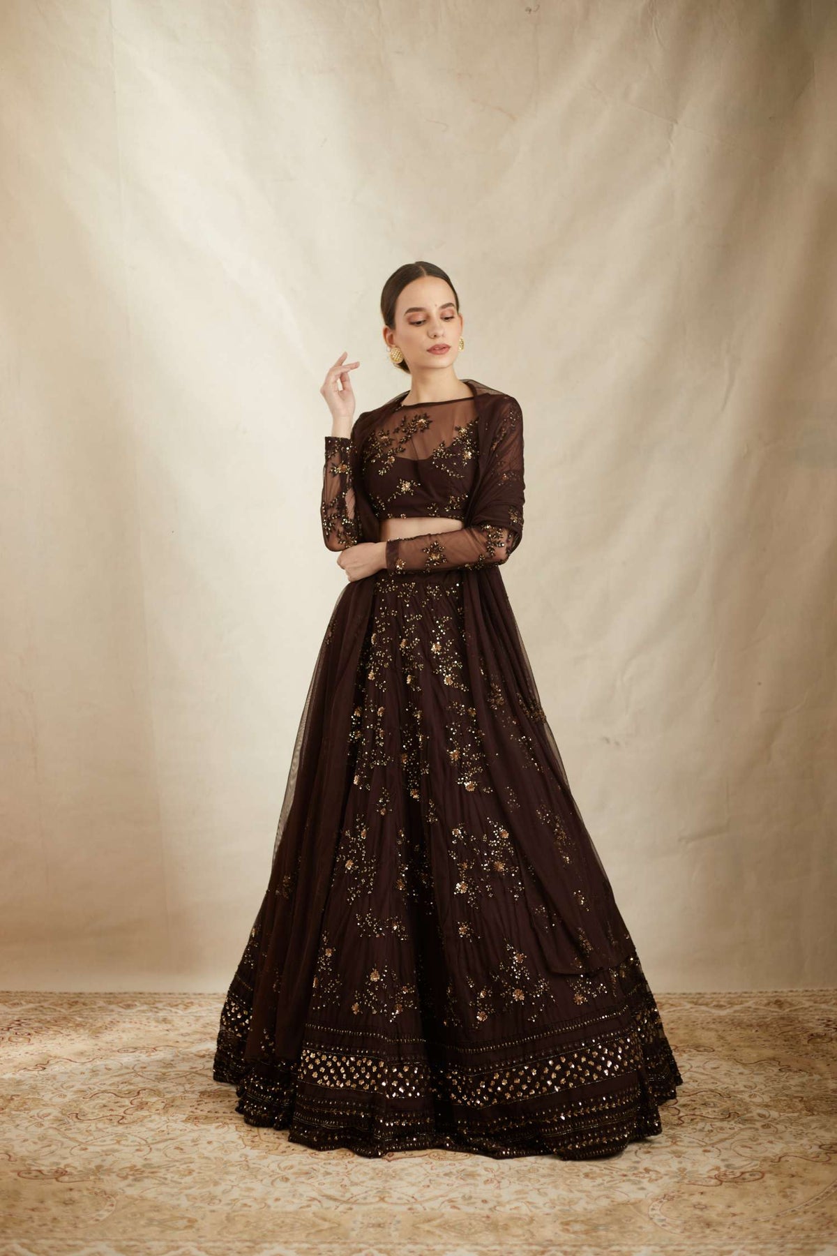 Shop Dark Coffee Threadwork Lehenga Set Online-Astha Narang Shop Dark Coffee Threadwork Lehenga Set Online-Astha Narang