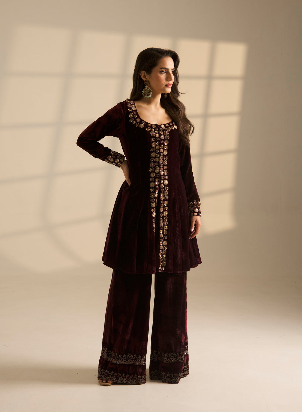 Wine Velvet A-Line Short Front Open Jacket With Plazo Pant Set