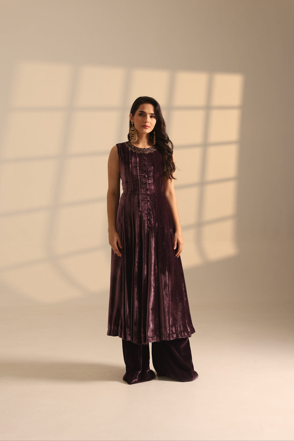 Purple Velvet Front Open A-Line Jacket With Plazo Pant Set