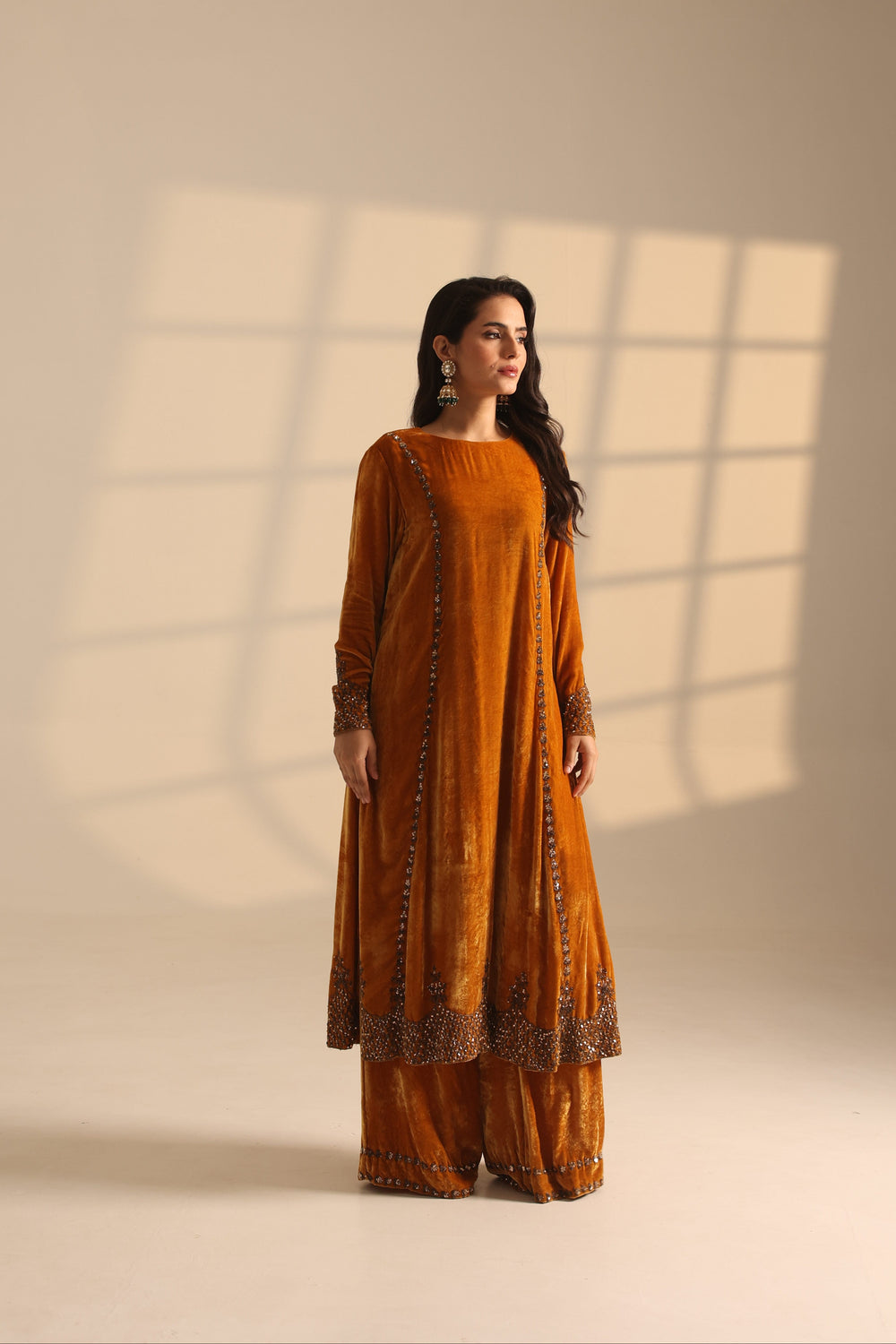 Mustard Velvet A-Line Anarkali With Plazo Set