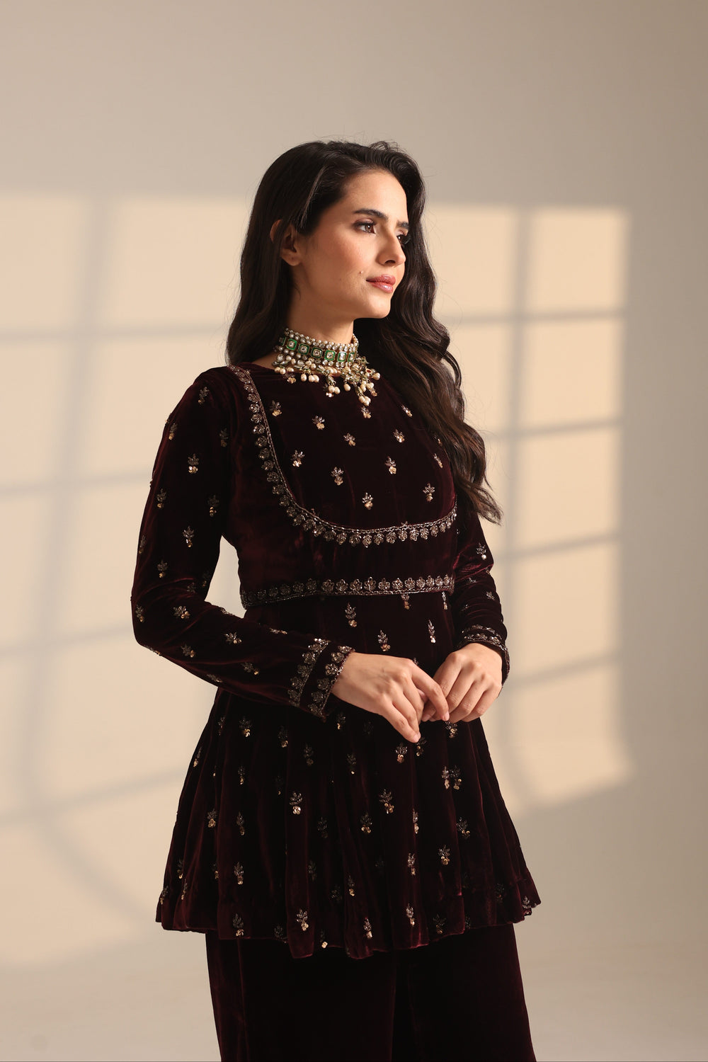 Wine Velvet A-Line Short Kurta And Coti With Plazo Pant Set