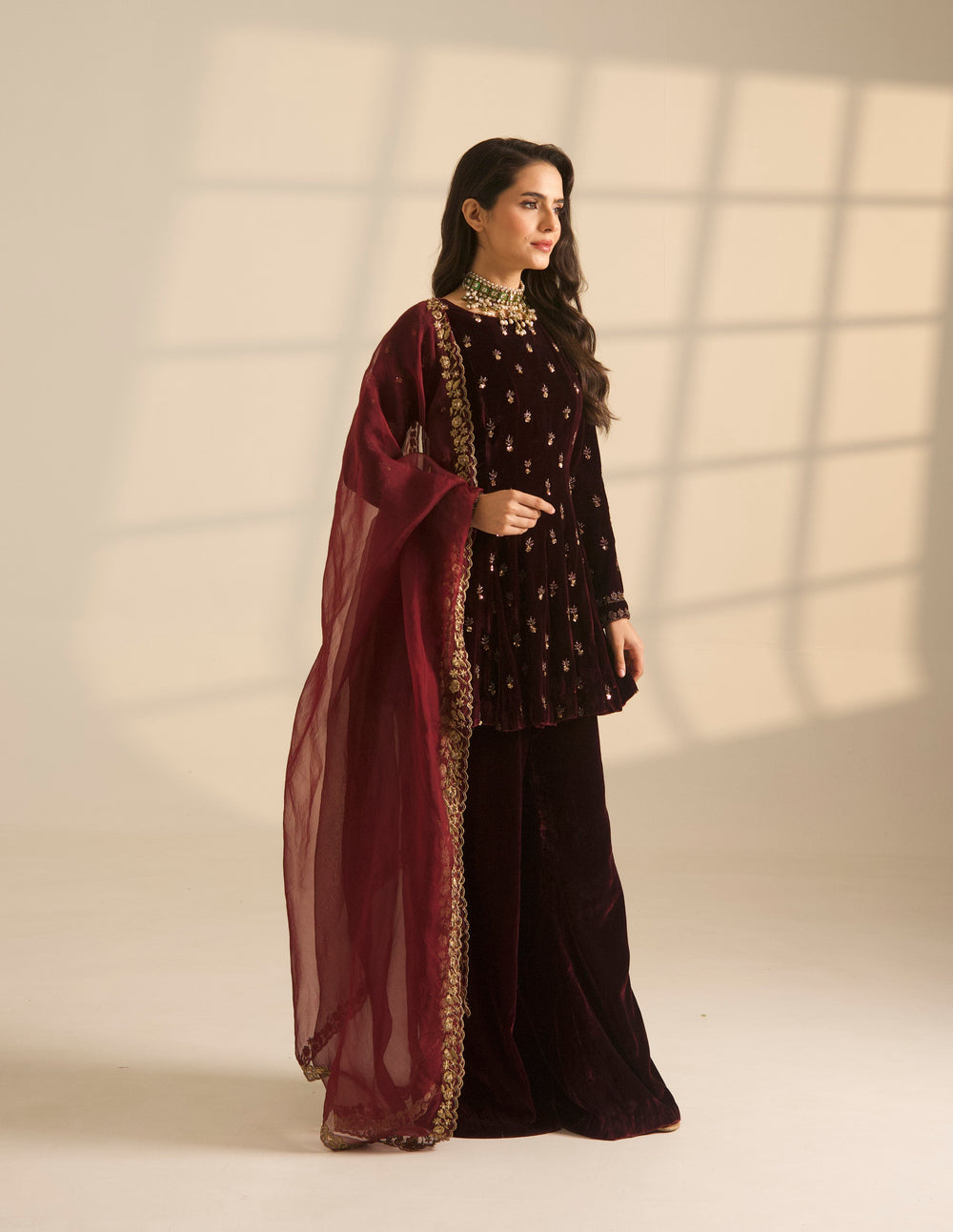Wine Velvet A-Line Short Kurta And Dupatta With Plazo Pant Set