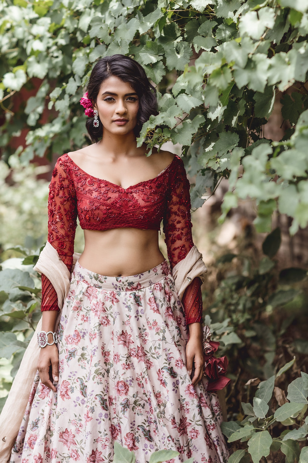 Beige Floral Printed Lehenga With Red Threawork Blouse