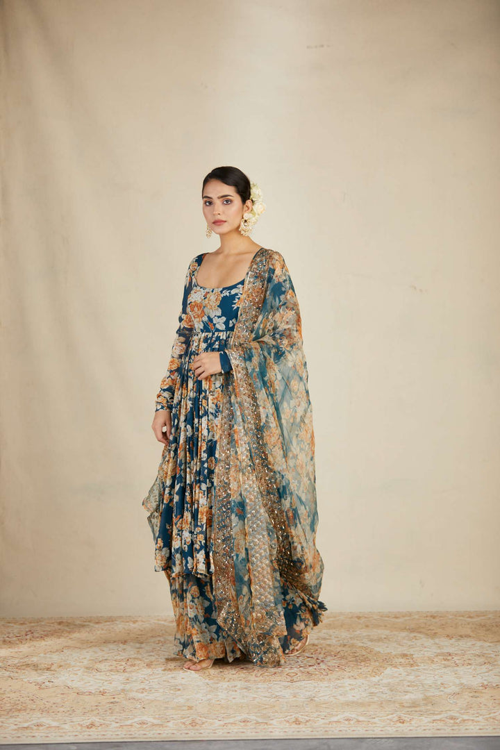 Teal Designer Pakistani Readymade Anarkali Dress With Embroidery Sequins Work main image 1