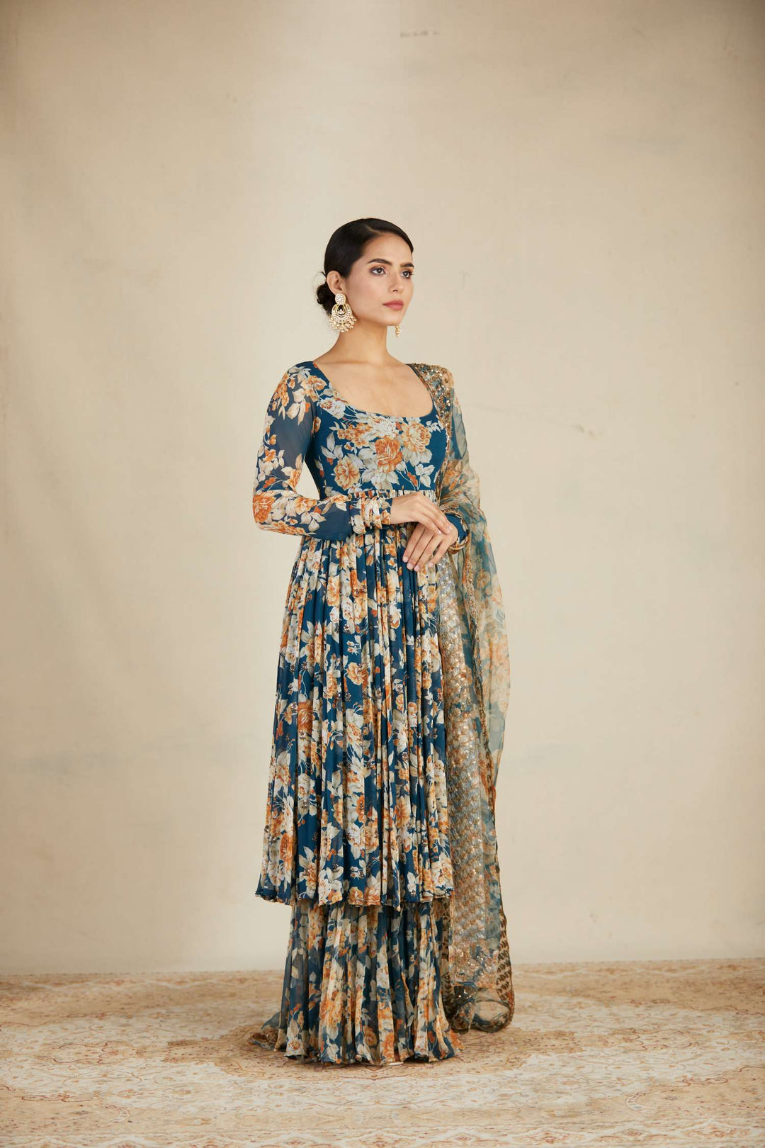 floral design anarkali dresses Yellow Designer Floral Print Anarkali Set with Dupatta &