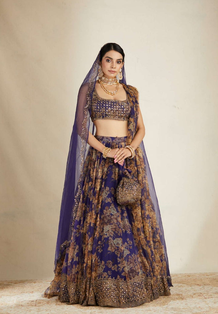 Deep Purple Dola Silk Embroidered Floral Lehenga Set