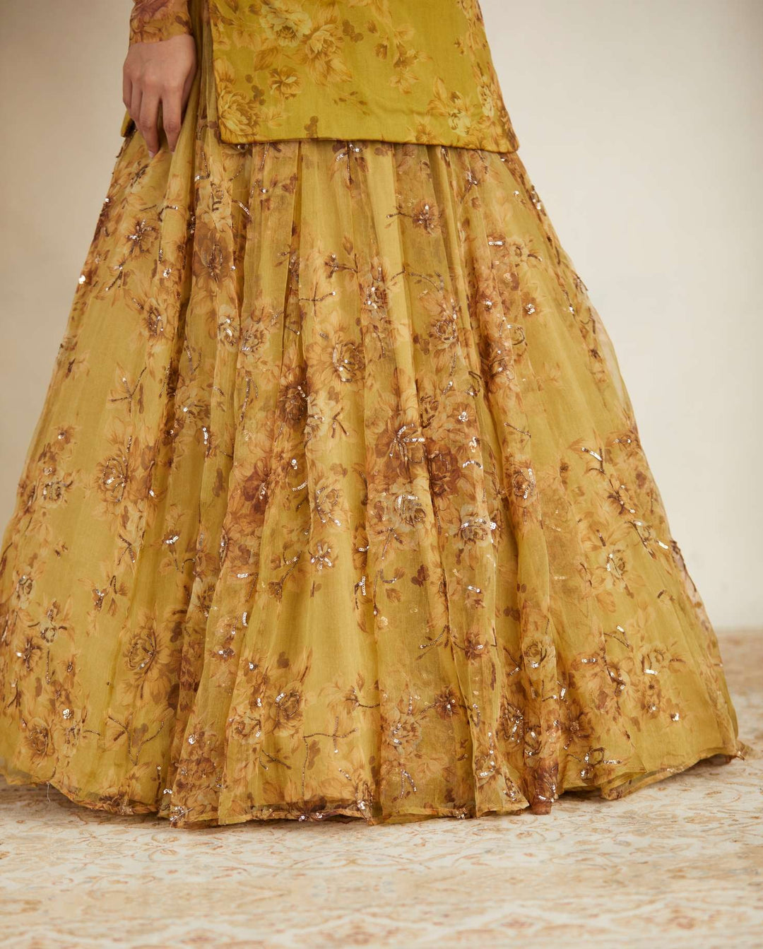 Mustard Floral Off Shoulder Kurti Skirt