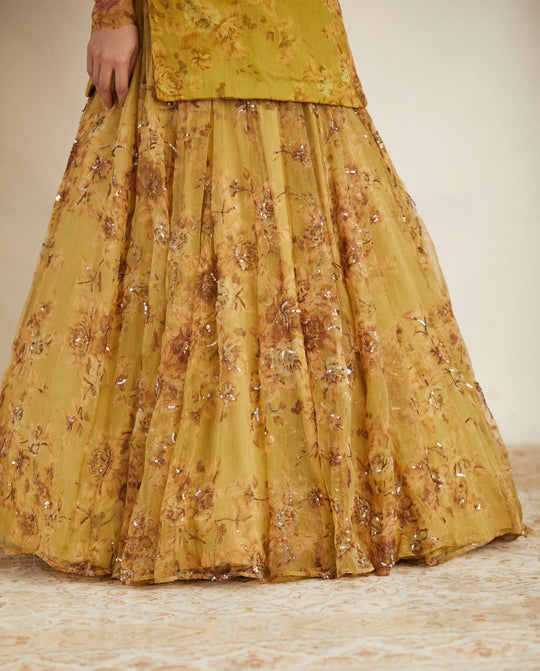 Mustard Floral Off Shoulder Kurti Skirt