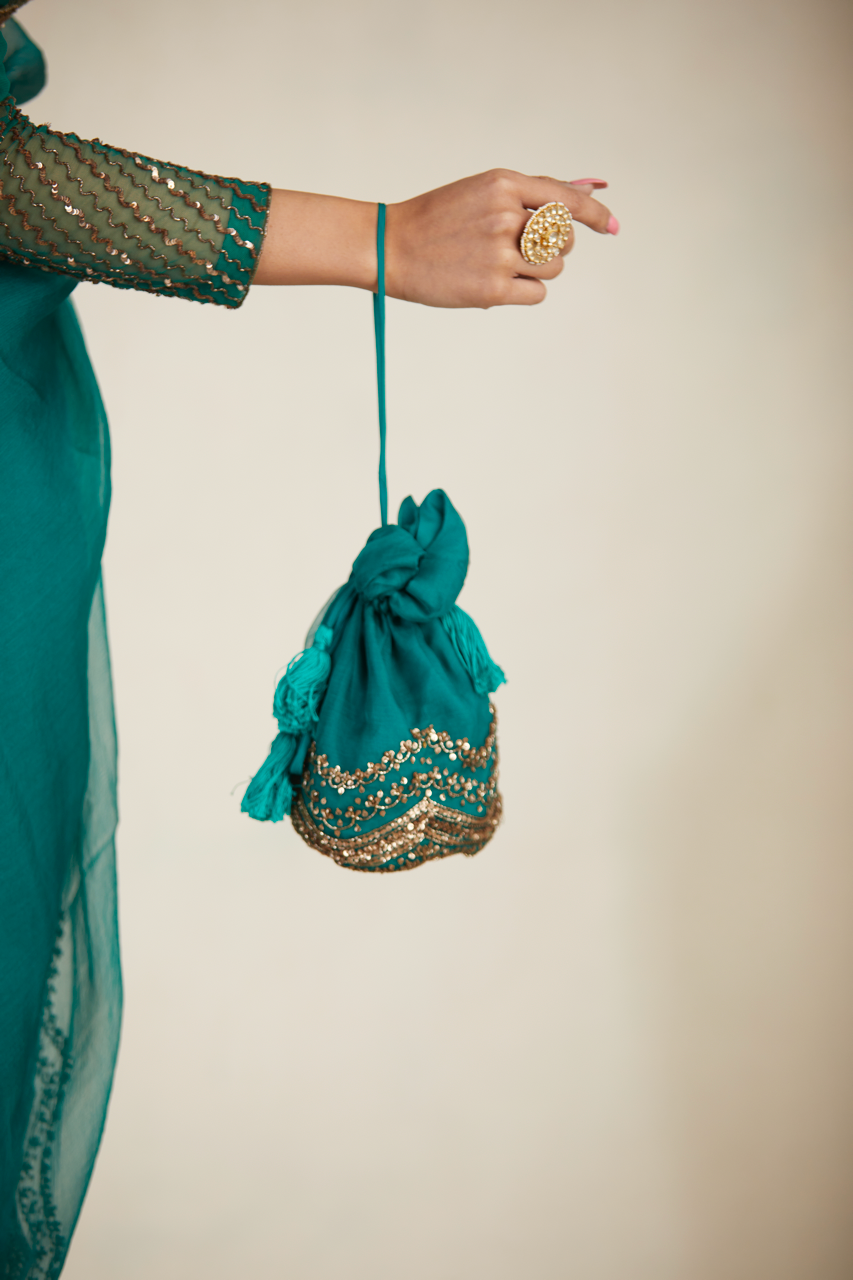TEAL GREEN ANTIQUE SEQUENCE WORK POTLI