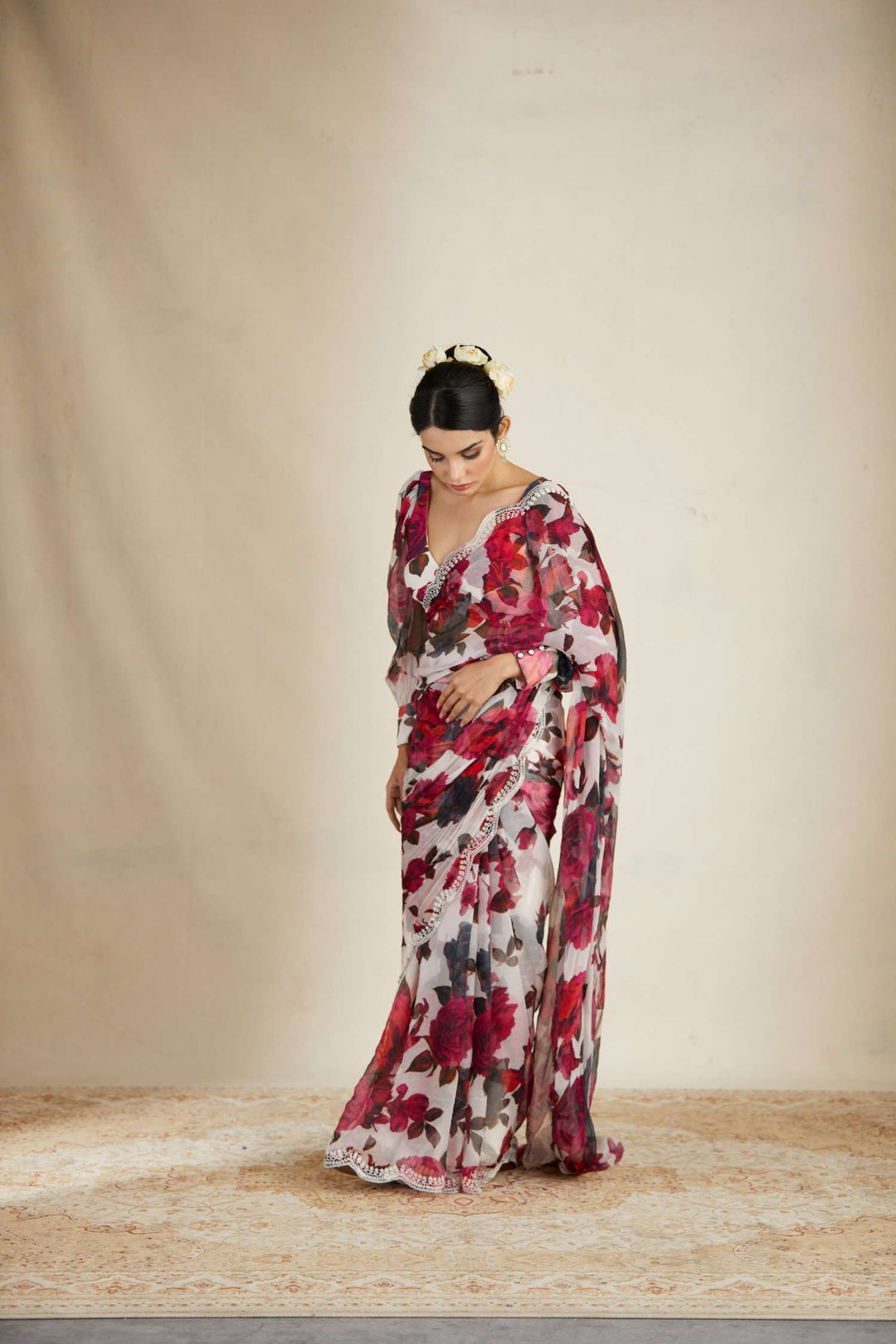 White Red Floral Saree