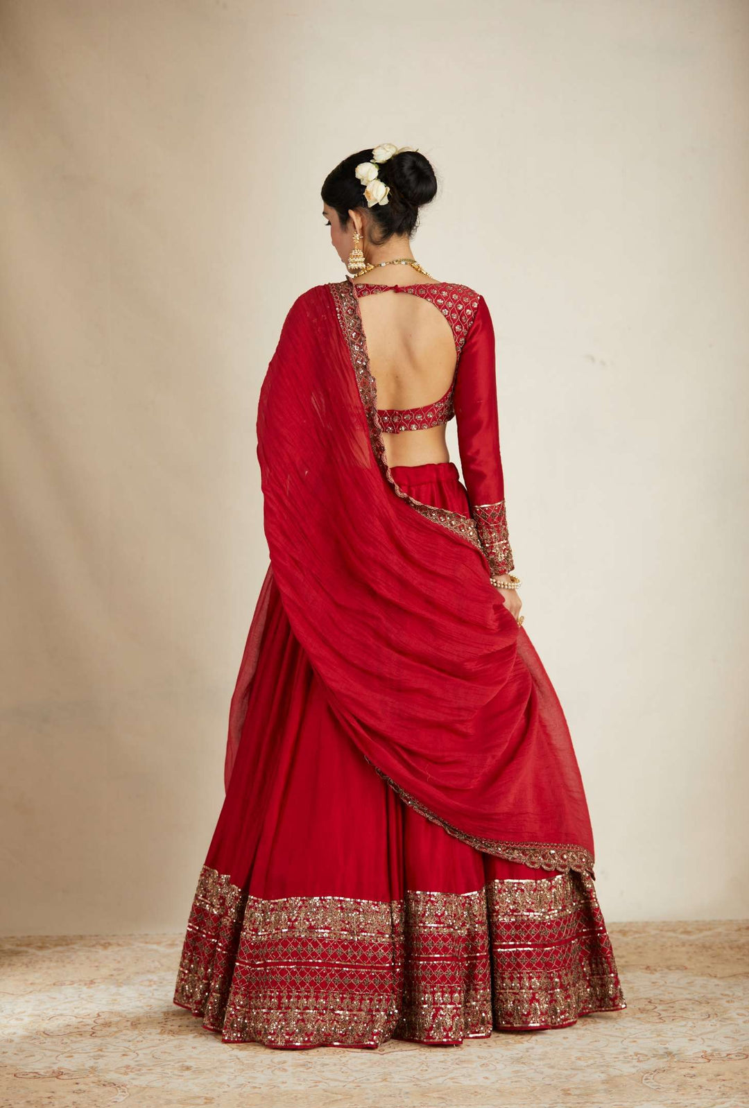 Red Chanderi Silk Crepe Embroidered Lehenga Set