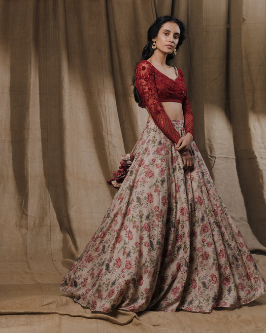 Beige Floral Printed Lehenga With Red Threawork Blouse