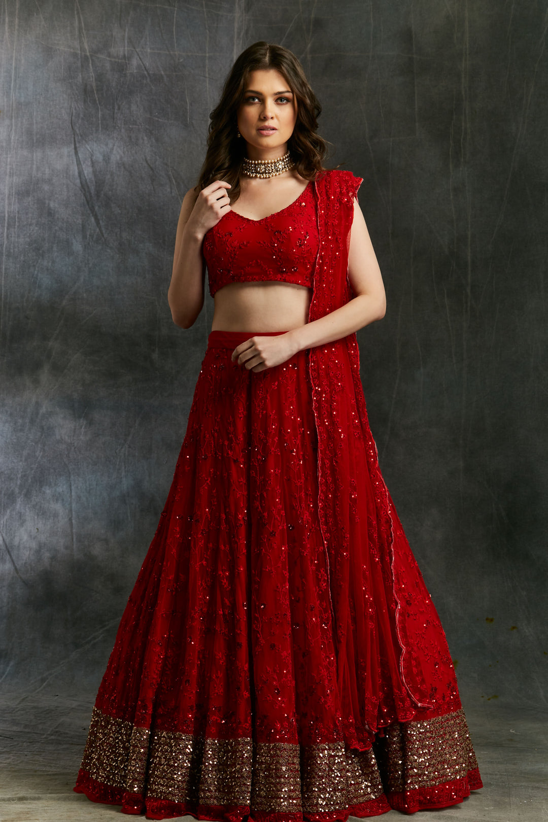 Red Sequins Lehenga With Gold Border