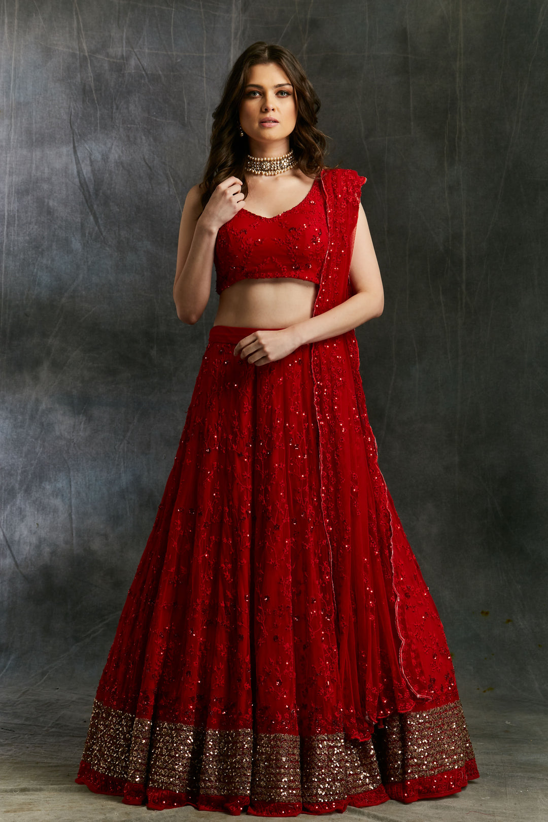 Red Sequins Lehenga With Gold Border