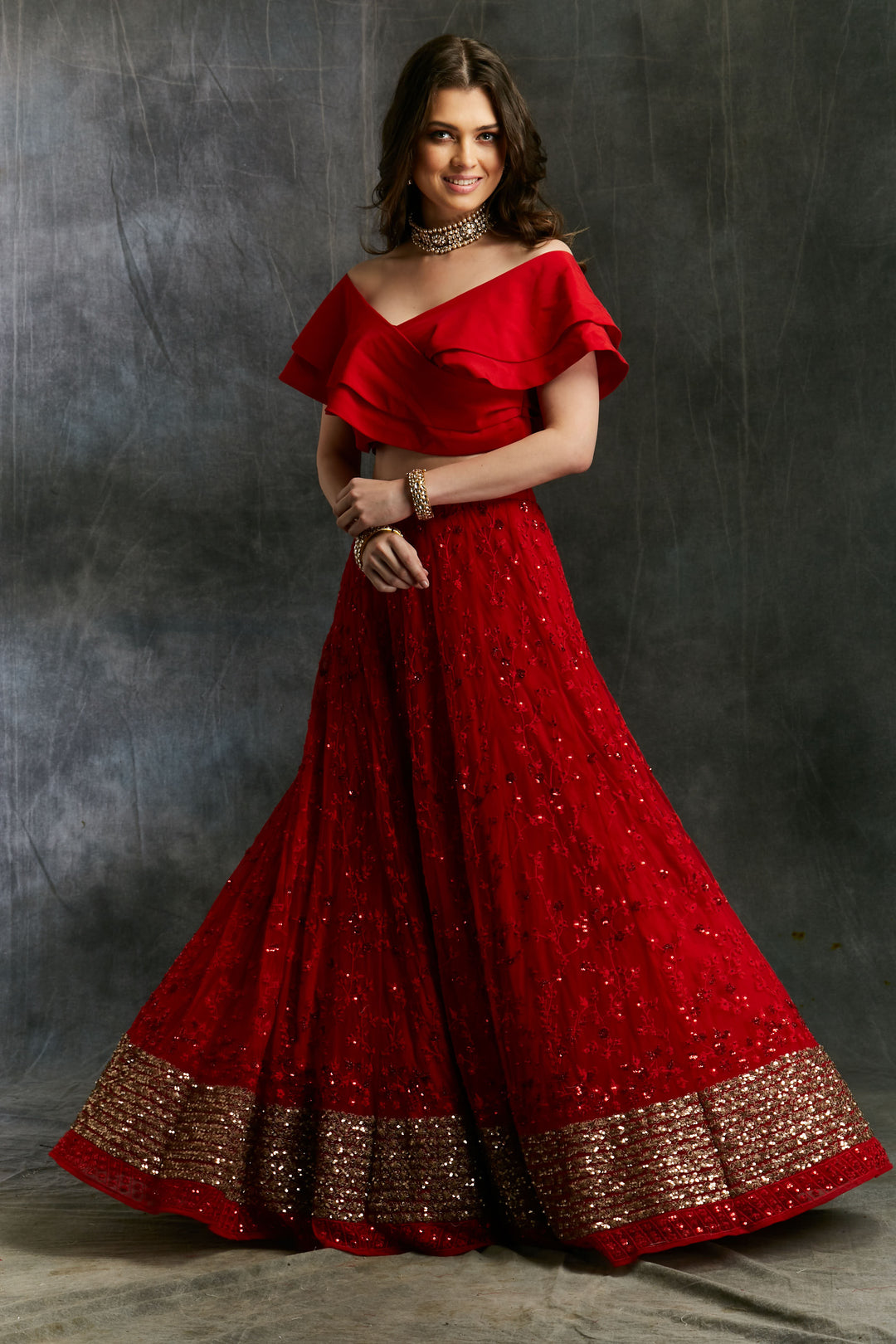 Off Shoulder Crop Top With Red Embroidered Lehenga