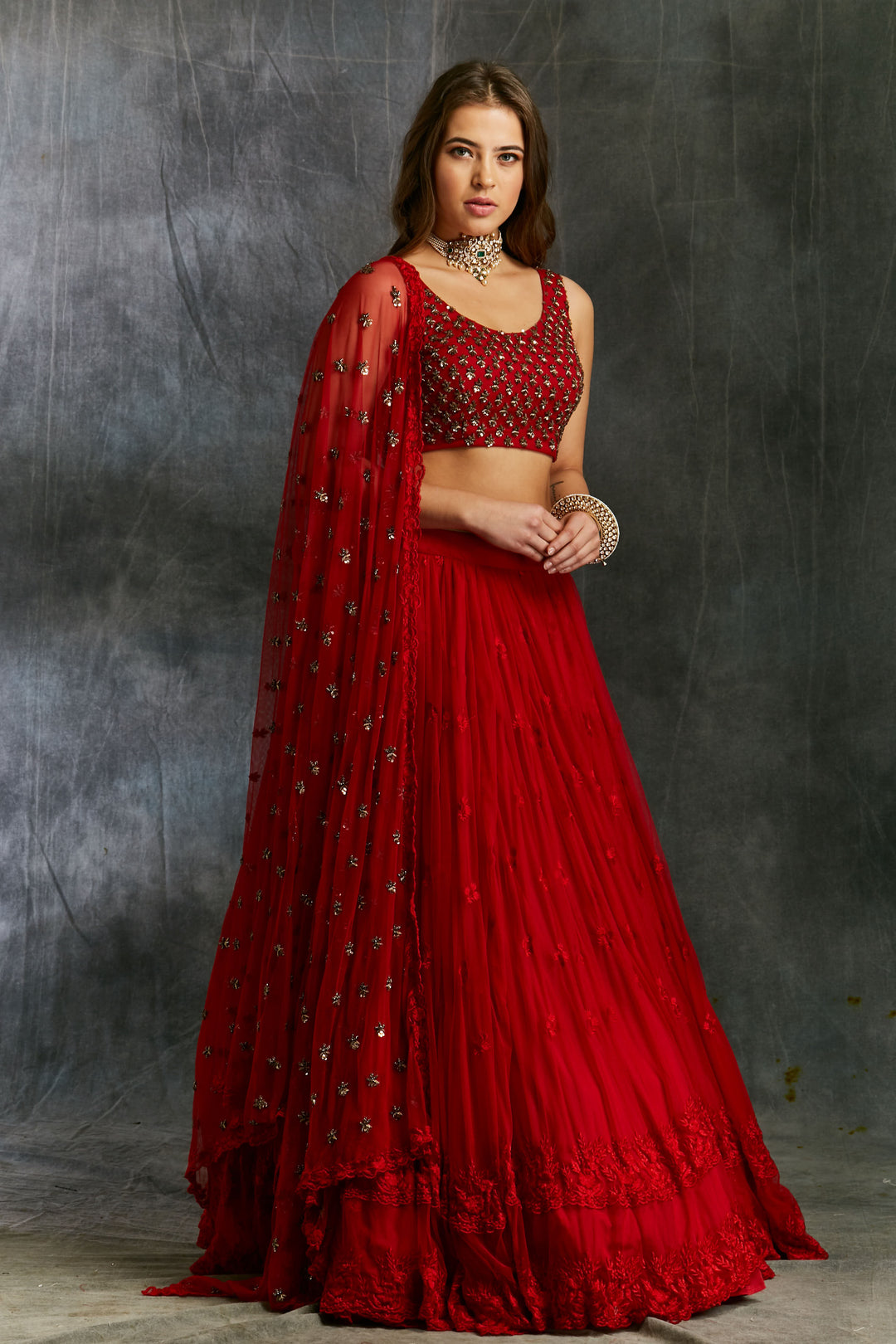 Red Threadwork Lehenga With Embellished Choli