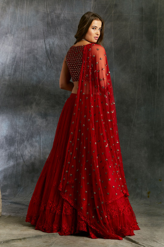 Red Threadwork Lehenga With Embellished Choli