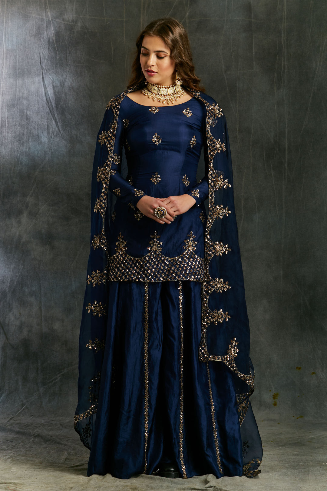 Blue Silk Sharara With Net Dupatta